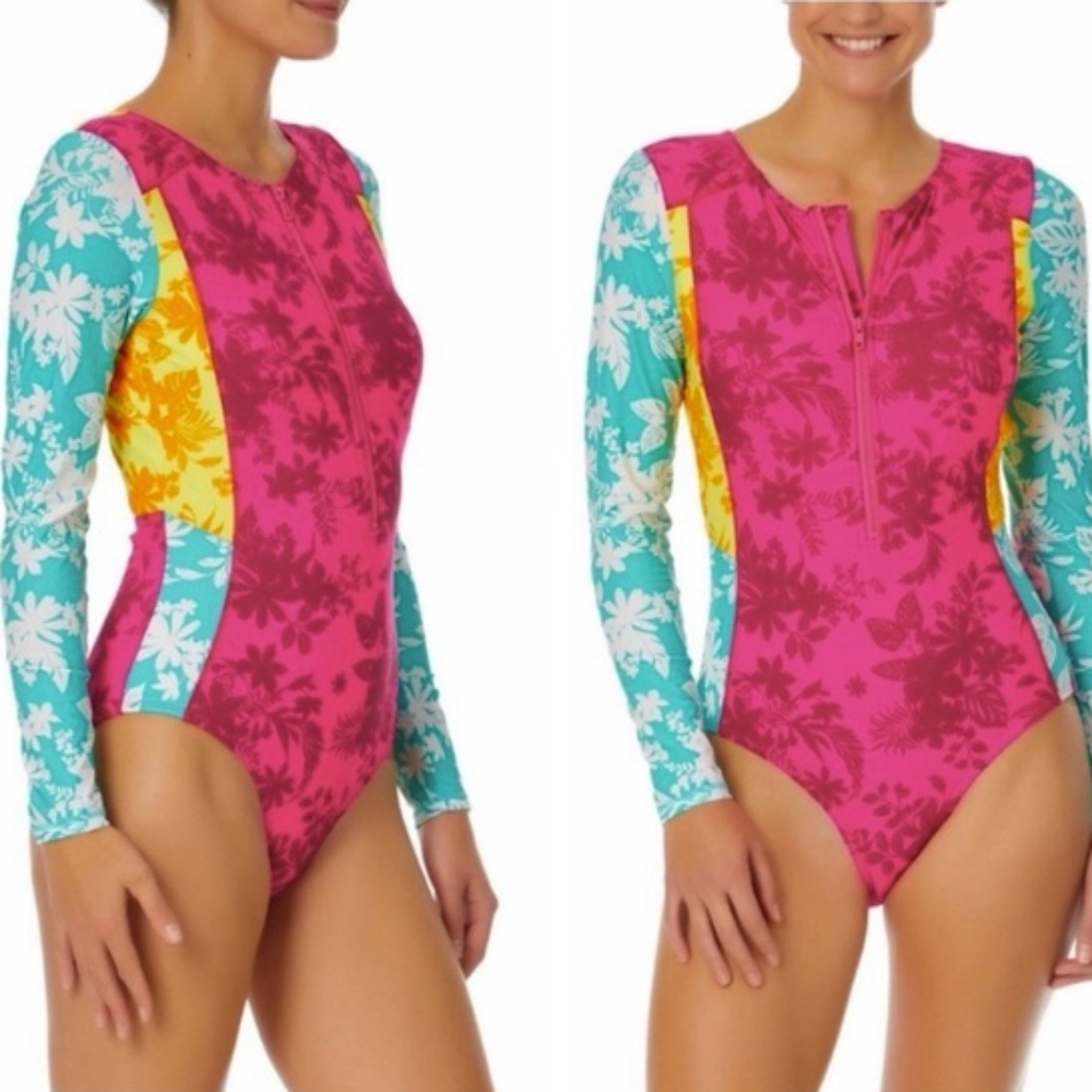 Endless Waves Floral Colorblock Rashguard One Piece Swimsuit